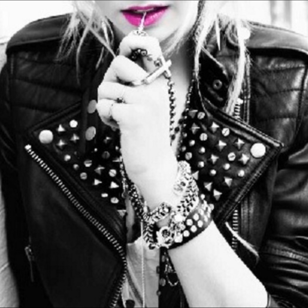 Studded Black Leather Moto Jacket - Women's